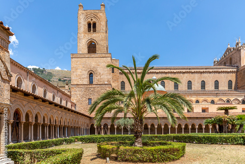 Monreale, Italy - July 8, 2020: Cloister of the cathedral of Monreale (chiostro del duomo di Monreale), Sicily, Italy