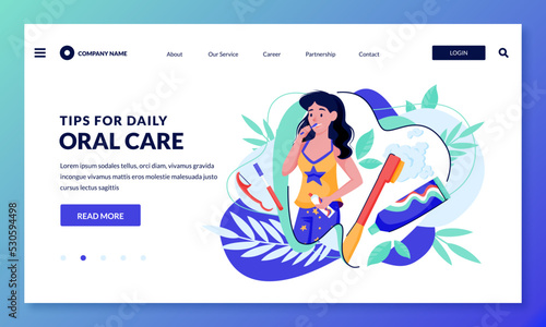 Woman brushing teeth. Dental hygiene, teeth and mouth home care concept. Vector illustration