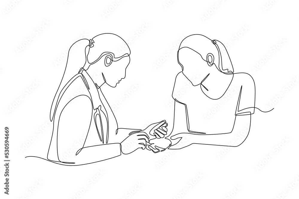 Continuous one line drawing woman doctor help patient for check diabetes with glucose meter in hospital. World diabetes day concept. Single line draw design vector graphic illustration. Continuous one line drawing woman doctor help patient for check diabetes with glucose meter in hospital. World diabetes day concept. Single line draw design vector graphic illustration.