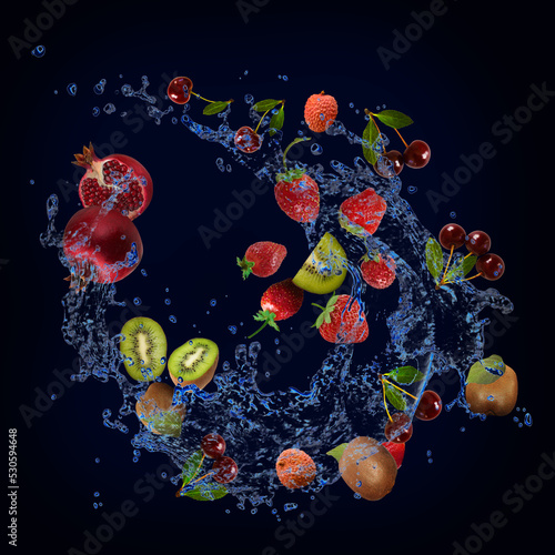 Wallpaper, panorama with fruits in the water - cherry, strawberry, kiwi, pomegranate, lychee are very tasty and nutritious