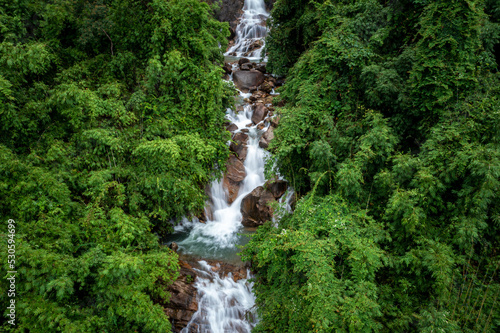 beautiful nature landscape krating waterfall in the rainy season and refreshing greenery forest in the national park of khoa khitchakut chanthaburi province thailand. aerial view