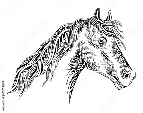 Fototapeta Naklejka Na Ścianę i Meble -  Horse with floral ornament. Hand drawn muzzle or head of horse with leaves, flowers and texture. Design element for logotype or tattoo. Wild animal or mammal. Cartoon flat vector illustration