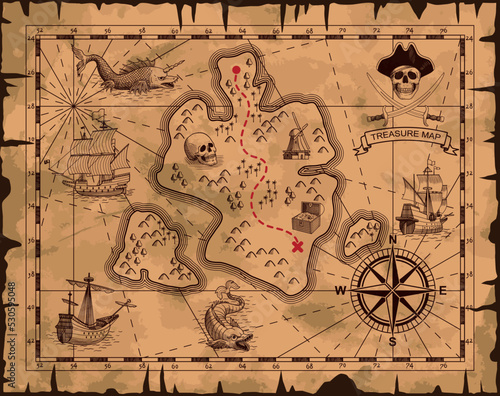 Pirate treasure map. Antique scroll with sea, desert islands, pirate ships, compass, red cross and chest of gold. Adventure and exploration. Design element for game. Cartoon flat vector illustration
