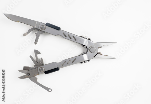 stainless steel multitool with all the accessories open