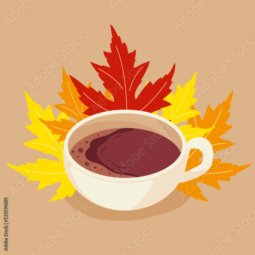 Cup of coffee with autumn leaves vector illustration in flat style on isolated background