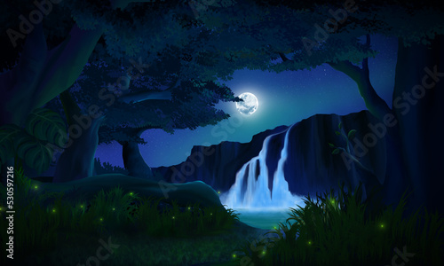 Forest Background Illustration  Realistic Style Concept  beautiful waterfall  and full moon at night with fireflies