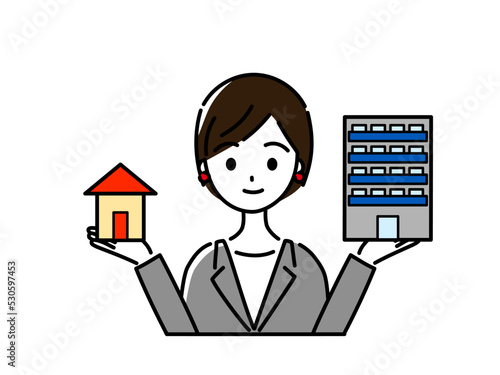 戸建てとマンションの比較について案内する若い女性販売員