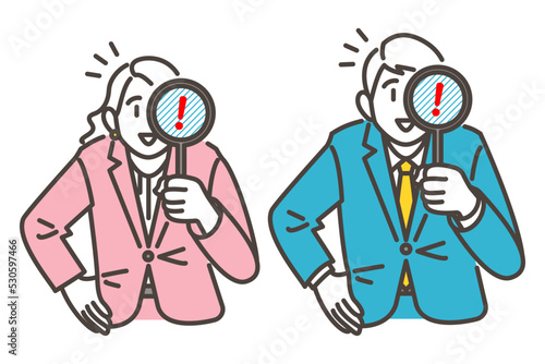 Vector illustration set of a man and woman holding up a magnifying glass lens to look for and examine something.