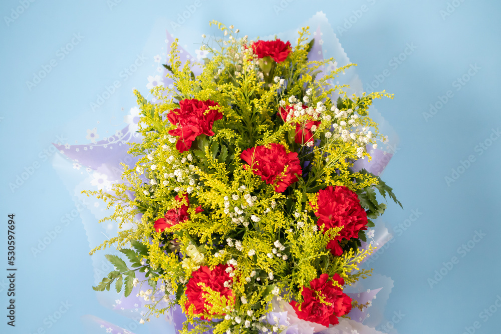 flower bouquet of red carnation with green leaves on blue background