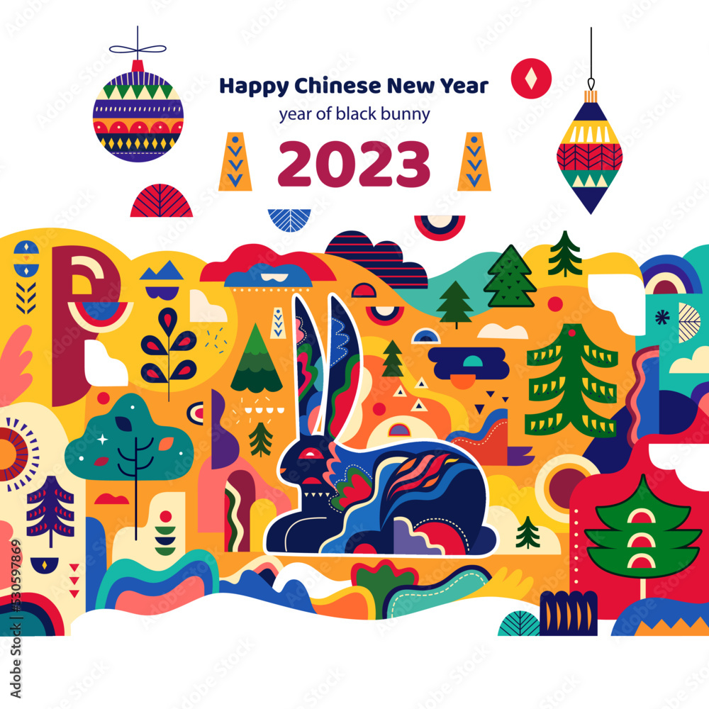 Happy New Year 2023 banner template in Scandinavian folk style. Symbol of 2023 year a black bunny. Happy Chinese New Year
