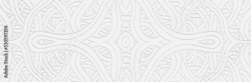 Banner, cover design. Embossed ethnic vintage elegant 3d pattern on white background, boho style, paper press. Tribal ornamental variants of the East, Asia, India, Mexico, Aztecs, Peru.