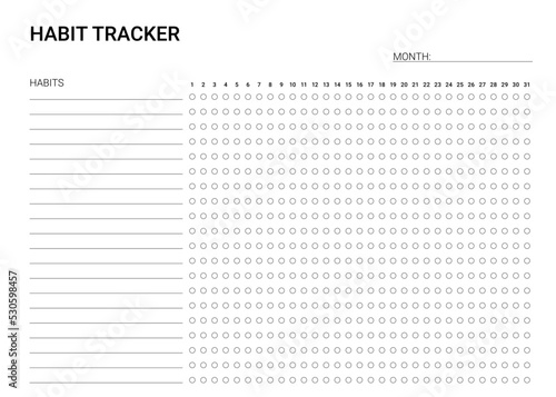Habit tracker. Daily template habit diary for month. Journal planner with goal and bullet points. Goal list on dotted background. Simple design. Horizontal, landscape orientation. Paper size A4.