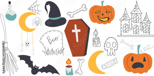 doodle style halloween set isolated vector
