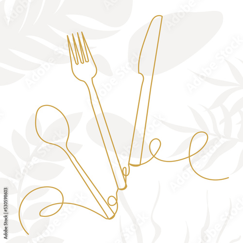 knife, fork, spoon sketch, one continuous line drawing, vector