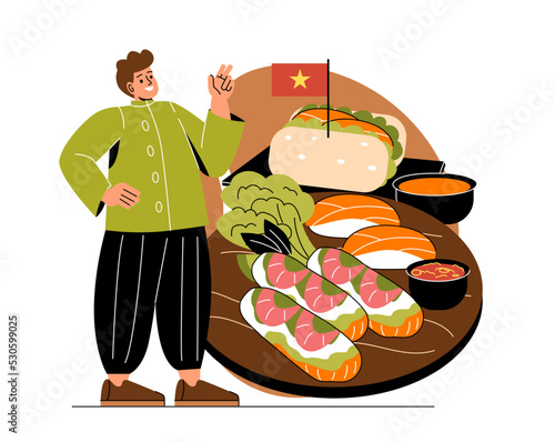 Asian food concept. Traditional Vietnamese food with flag. Rice dumplings with shrimp, sushi and sandwich. Delicious oriental dishes. Restaurant menu. Cartoon flat vector illustration in doodle style