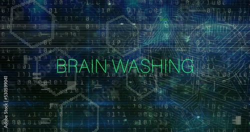 Animation of brainwashing text in green over padlock, motherboard and data processing, on black photo