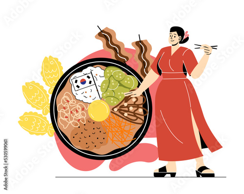 Asian food concept. Beautiful Korean girl holds chopsticks and eats traditional ramen or udon noodles with vegetables and egg. Delicious menu for cafe. Cartoon flat vector illustration in doodle style