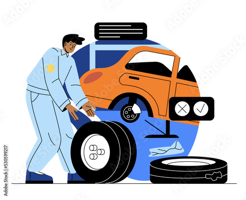 Automobile service concept. Young male auto mechanic or service station employee changes wheels or tires of car. Autotuning, maintenance or fixing. Cartoon flat vector illustration in doodle style