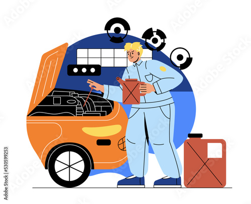 Automobile service concept. Male auto mechanic or service technician diagnosing car engine and changing oil or parts. Maintenance or Troubleshooting. Cartoon flat vector illustration in doodle style