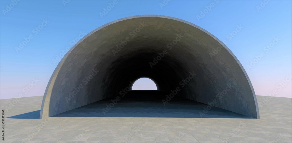 Architectural Improvisation. Light at the end of a thin-walled tunnel against a blue sky. Concrete surface. 3d render. Architectural Improvisation. Light at the end of a thin-walled tunnel against a blue sky. Concrete surface. 3d render.