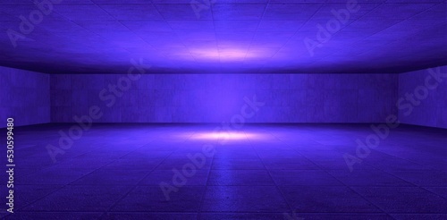 Halo of a light blue light source. Empty space bounded by concrete walls. Lighting is reflected on the surface, emphasizing the texture of the material. 3d render..