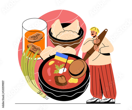 National cuisine concept. Delicious vegetable soup borscht, lard and meat dumplings. Young man holding spoon and eating traditional Ukrainian food. Cartoon flat vector illustration in doodle style