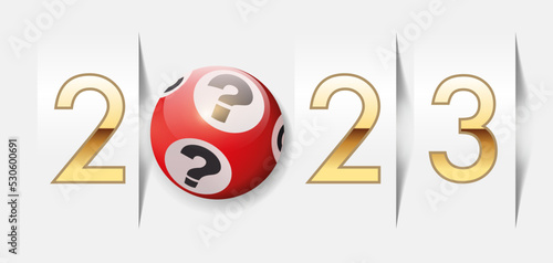L’année 2023 sur le concept de la chance au jeu et de l’espoir de devenir riche, avec une boule de loto pour symboliser de hasard.
