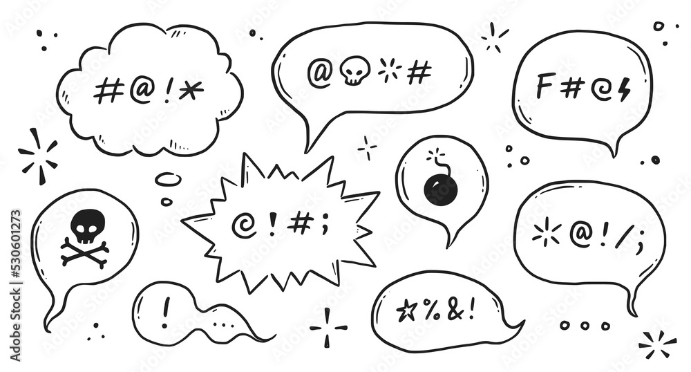 Swear word speech bubble set. Curse, rude, swear word for angry, bad, negative expression. Hand drawn doodle sketch style. Vector illustration Swear word speech bubble set. Curse, rude, swear word for angry, bad, negative expression. Hand drawn doodle sketch style. Vector illustration