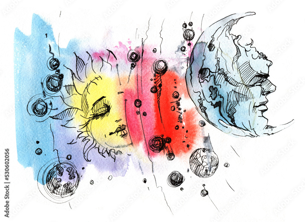 Sun and Moon. Day and night. Planets in the sky. Movement Cosmic bodies ...