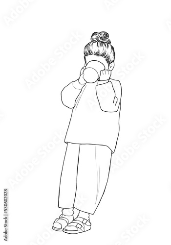 A little girl drinks from a mug. The child quenches his thirst. Illustration