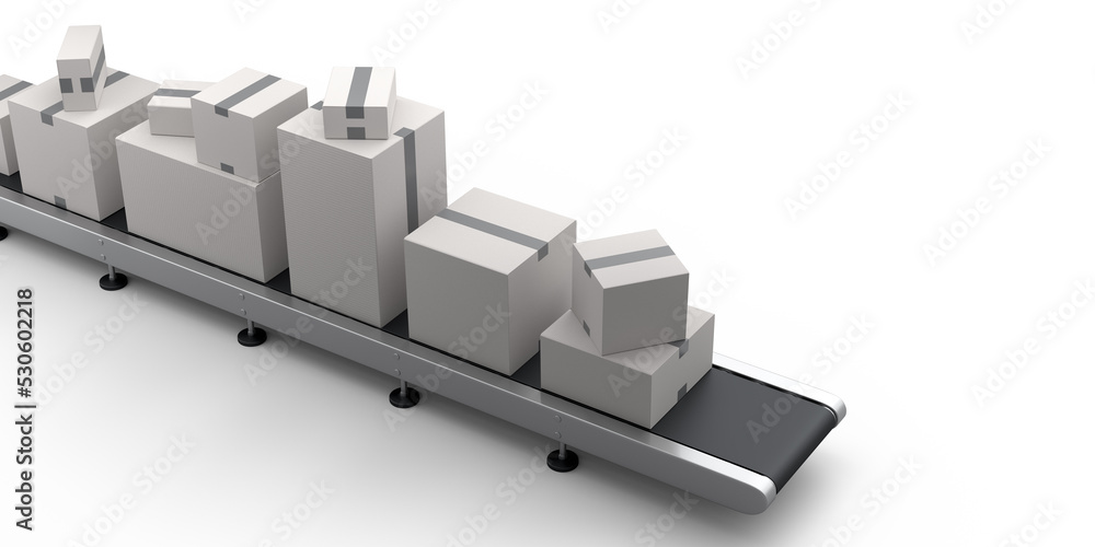Fototapeta premium Airport luggage conveyor belt or manufacture line with cardboard boxes on white