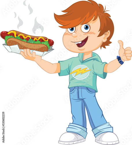 Boy eating hot dog.
Color vector illustration of a cartoon boy eating hot dog.
