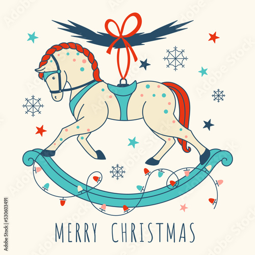Vintage Сhristmas print of noel rocking pony. Retro Xmas Graphic Vector poster with toy horse with greeting slogan 