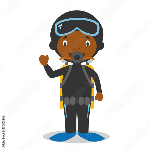 Cute cartoon vector illustration of a black or african american diver.