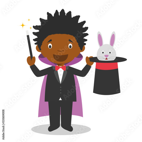 Cute cartoon vector illustration of a black or african american male magician.