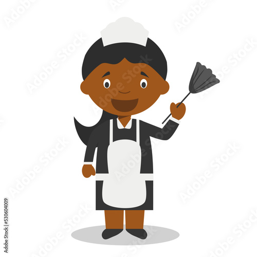 Cute cartoon vector illustration of a black or african american maid or cleaning girl.