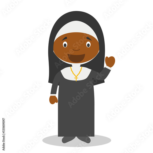 Cute cartoon vector illustration of a black or african american nun.