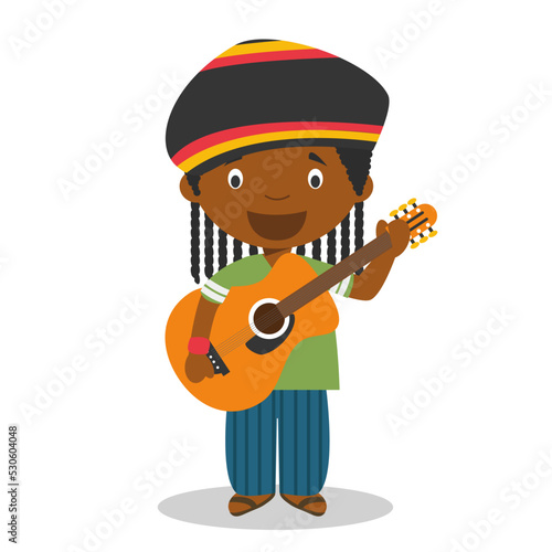 Cute cartoon vector illustration of a black or african american male musician or guitarist.