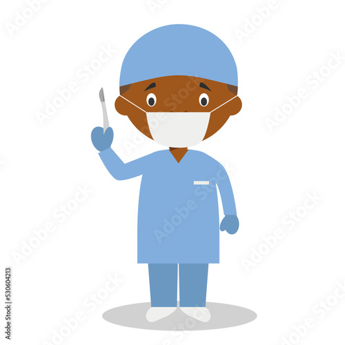 Cute cartoon vector illustration of a black or african american male surgeon.