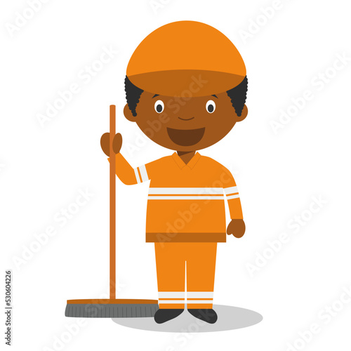 Cute cartoon vector illustration of a black or african american male sweeper.