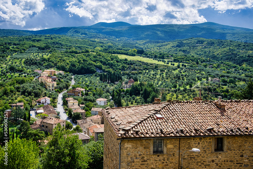 View of the town and surrounding Tuscan countryside of the town of Seggiano Tuscany Italy
