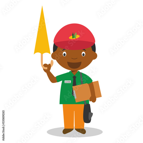 Cute cartoon vector illustration of a black or african american male touristic guide.