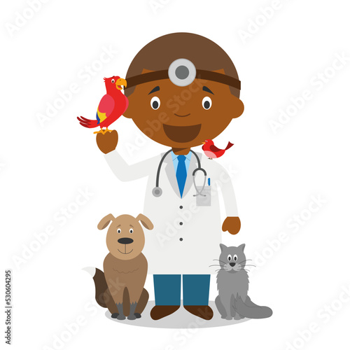 Cute cartoon vector illustration of a black or african american male veterinarian.