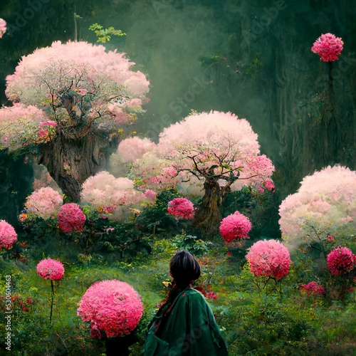 Landscape with girl and pastel pink vegetation