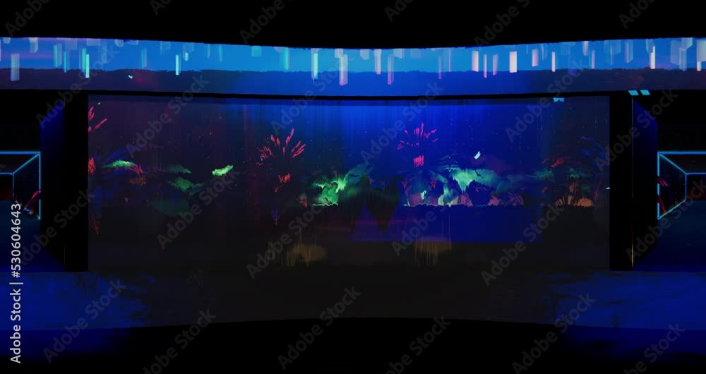 Vidéo 360° 3D dans un aquarium sombre et des couleurs lumineuses. Des papillons volent autour de nous. 