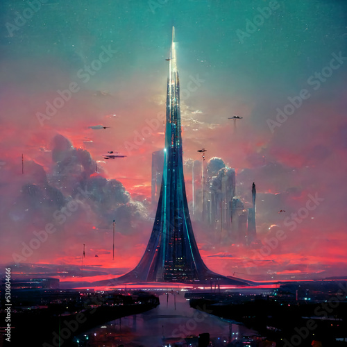 Landscape with futuristic control tower