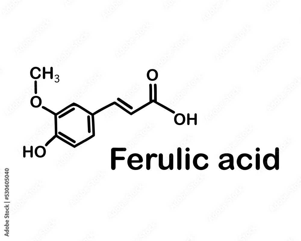 Chemical structure of ferulic acid. Ferulic acid is a hydroxycinnamic acid, an organic compound with the formula (CH3O)HOC6H3CH=CHCO2H. Vector illustration