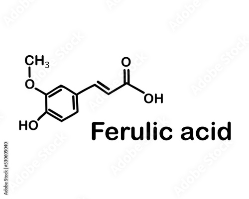 Chemical structure of ferulic acid. Ferulic acid is a hydroxycinnamic acid, an organic compound with the formula (CH3O)HOC6H3CH=CHCO2H. Vector illustration