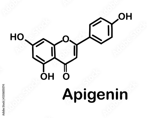 Chemical structure of apigenin. Apigenin is one of the most common aglycone flavonoids, a natural antioxidant with anti-inflammatory and anti-carcinogenic properties. Chemical structure of apigenin. 