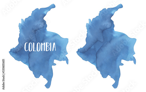 Watercolour illustration set of Colombia Map in two variations: blank template and with lettering example. Hand painted water color drawing on white background, cut out clip art elements for design. photo